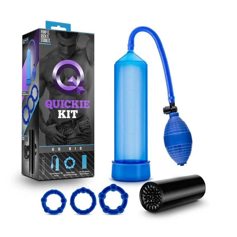 cock ring comfort style-Quickie Kit Go Big Pump, Stroker & 3-Piece Cockring Set Blue