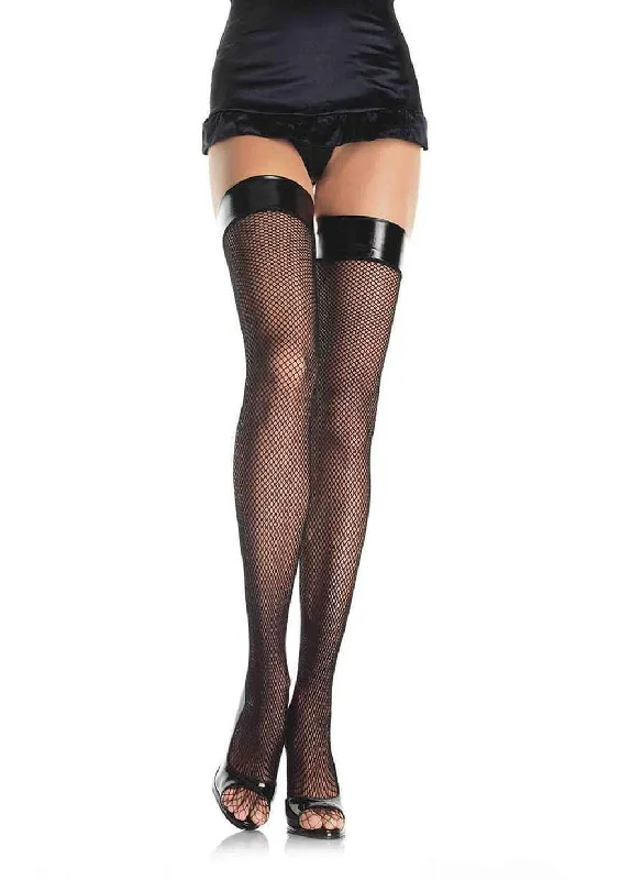 lace-up floral teddy-Vinyl Top Fishnet Thigh Highs - One Size - Black