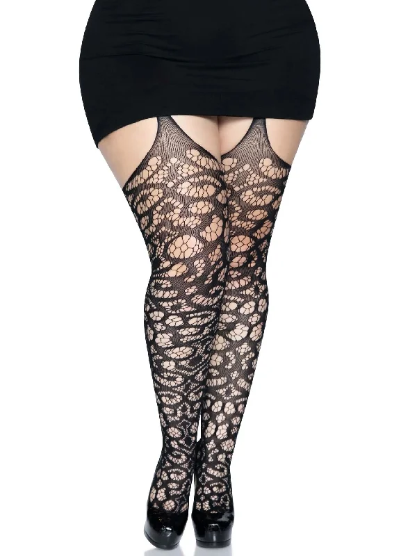 erotic maid lingerie-Scroll Lace Stocking With Attached Garter Belt -  1x/2x - Black