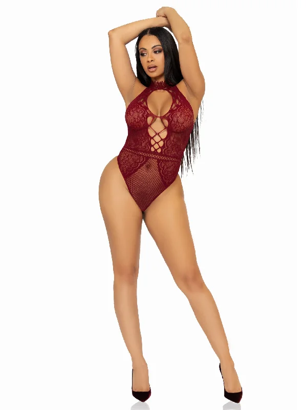 lace garter red-Net and Lace Keyhole Halter Bodysuit - One Size -  Burgundy