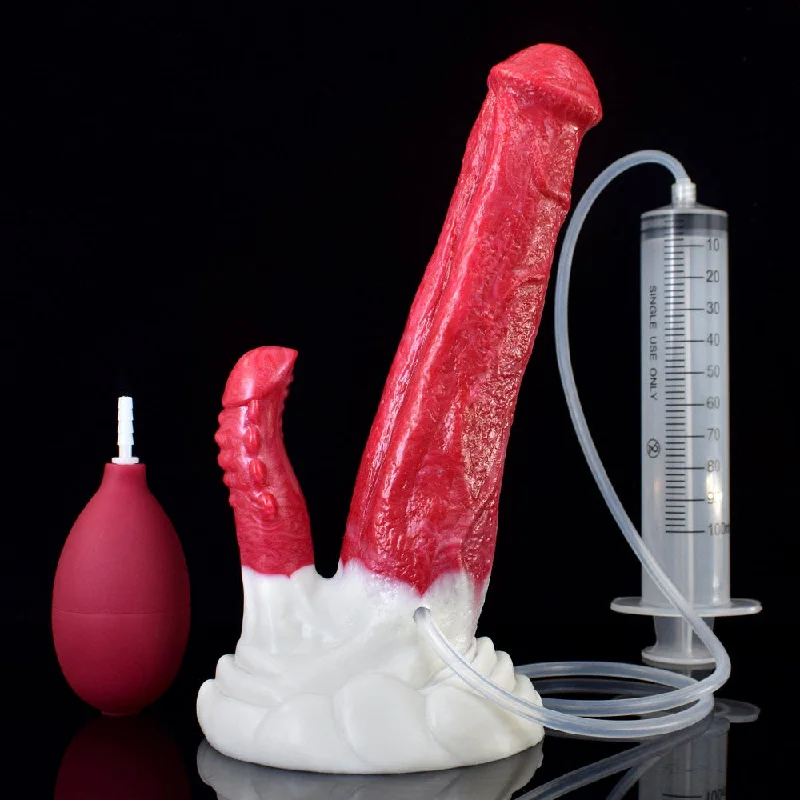 Dildo-past-Ejaculation Fantasies - N5024 Red Demon Double Penetration Liquid Silicone Squirting Dildo 8.8 Inch