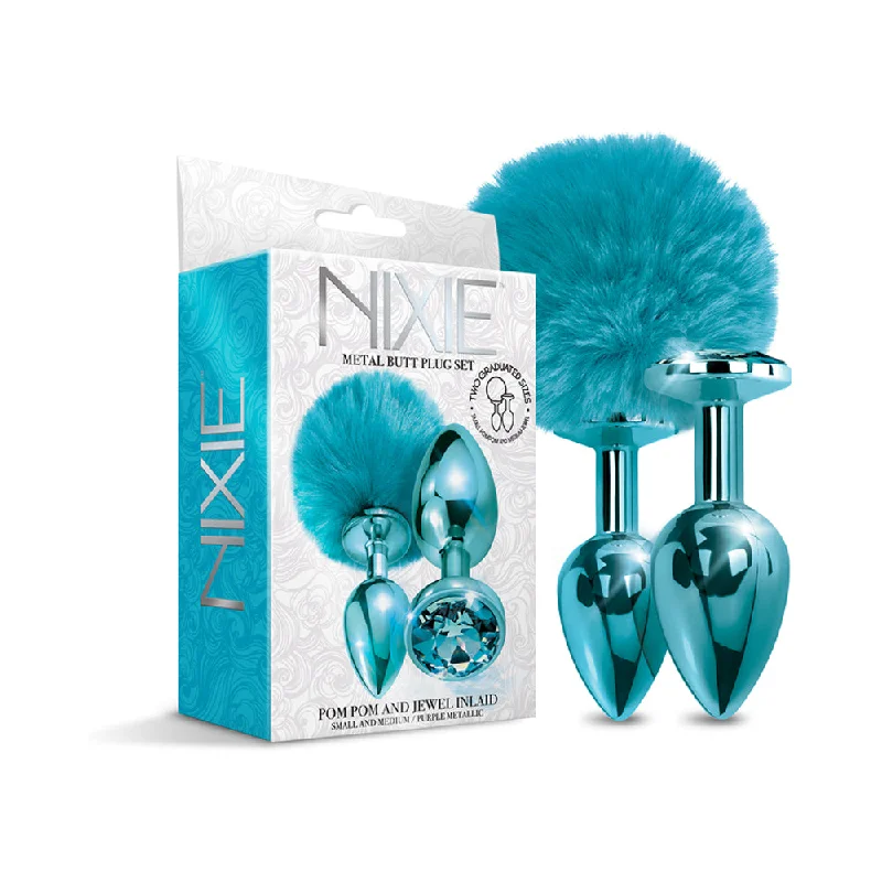 anal toys with sleek base-NIXIE Metal Butt Plug Set Pom Pom and Jewel-Inlaid Metallic Blue