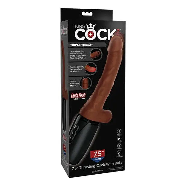 cock ring user style-King Cock Plus Thrusting, Warming & Vibrating  7.5" Triple Threat Dong - Brown