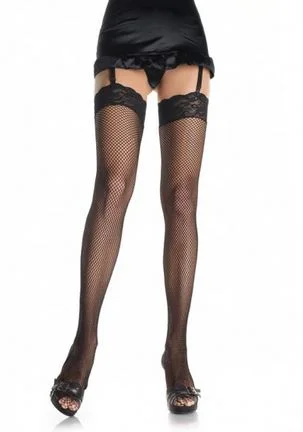 racy white bra-Fishnet Thigh Highs With Lace Top- One Size - Blk