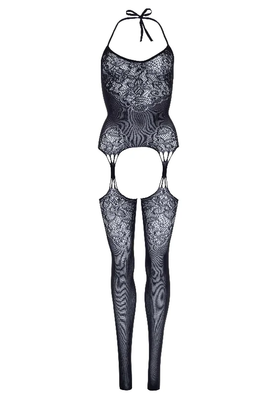 padded wireless teddy-Seamless Lace Jacquard Net Suspender Bodystocking  - 1x/2x - Black