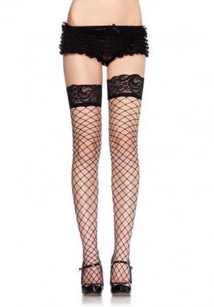 plunging satin teddy-Lace Top Fence Net Thigh Highs - One Size - Black