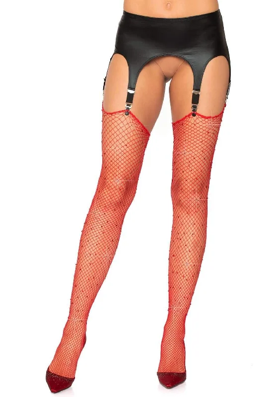 sheer floral bra-Rhinestone Fishnet Stockings - One Size - Red