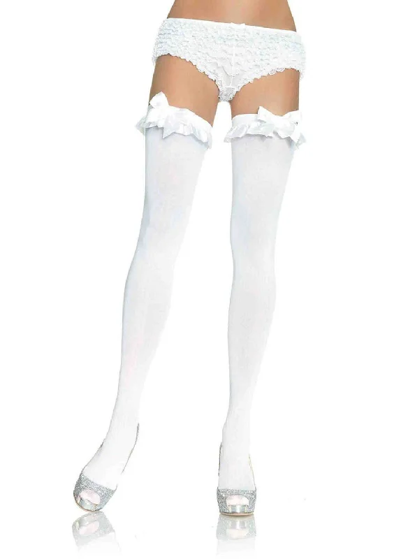 leather bra red-Opaque Thigh Highs With Satin Ruffle Trim and Bow - One Size - White